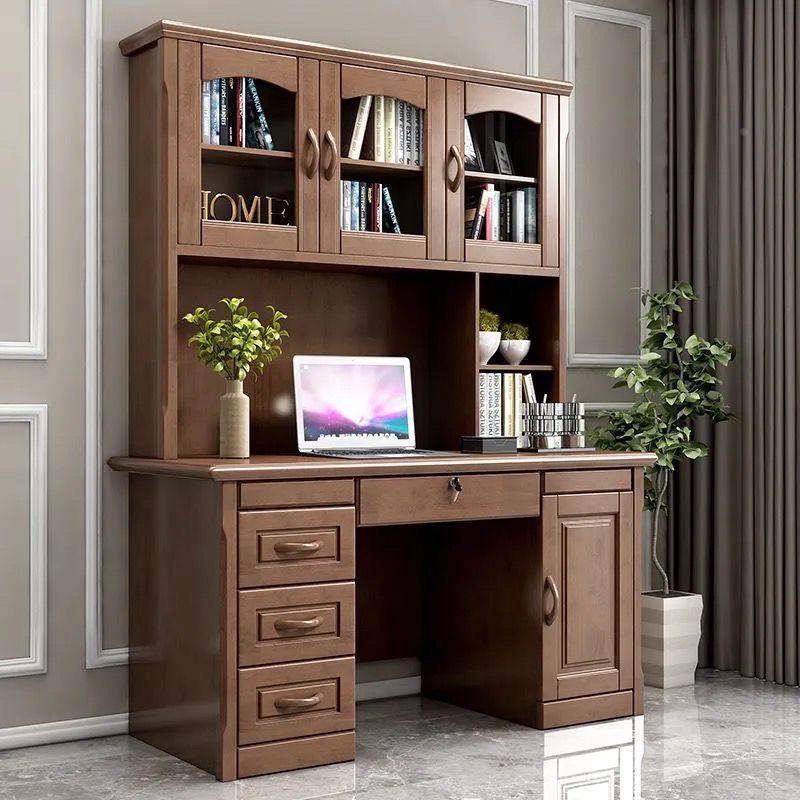中式全实木书桌书架一体家用台式电脑桌多功能卧室学生学习写字桌
