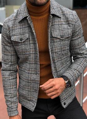 欧美男装夹克2024秋季宽松休闲翻领格子男外套上衣潮Men's jacket