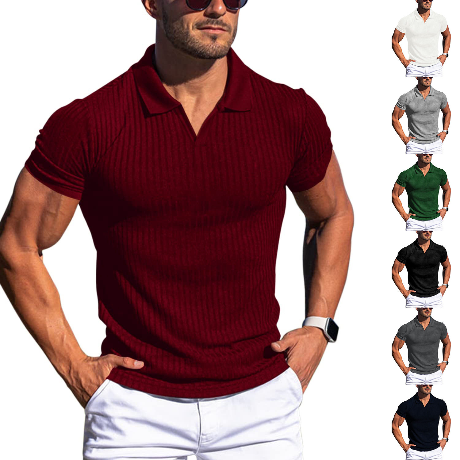 Men's POLO T-shirt 欧美男装POLO衫翻领V领竖条纹短袖男士T恤