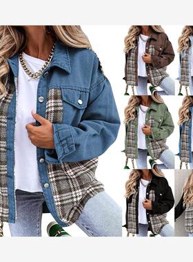 2023女装新款亚马逊独立站秋冬牛仔夹克长袖格子系扣衬衫夹克上衣