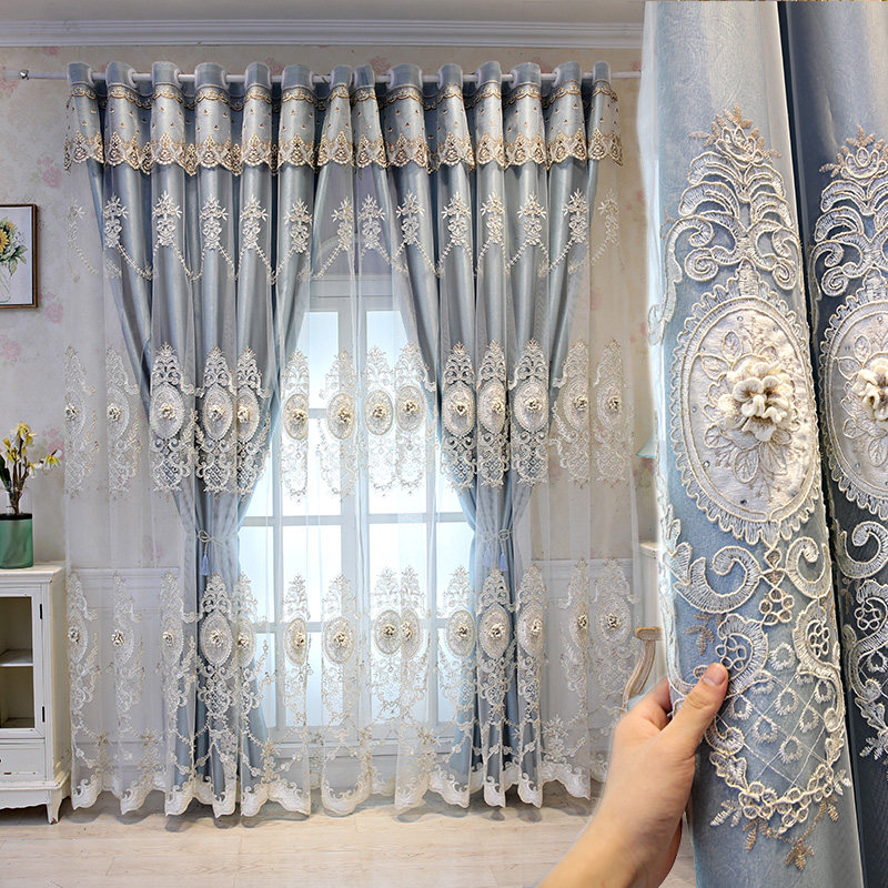 欧式简约纱布一体浮雕绣花双层遮光窗帘成品高档大气客厅卧室飘窗