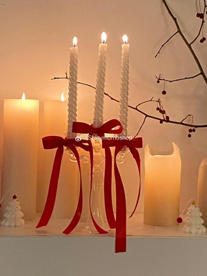 Shinymomo自制新年圣诞装饰摆件蝴蝶结烛台套装摆件红色结蜡烛台