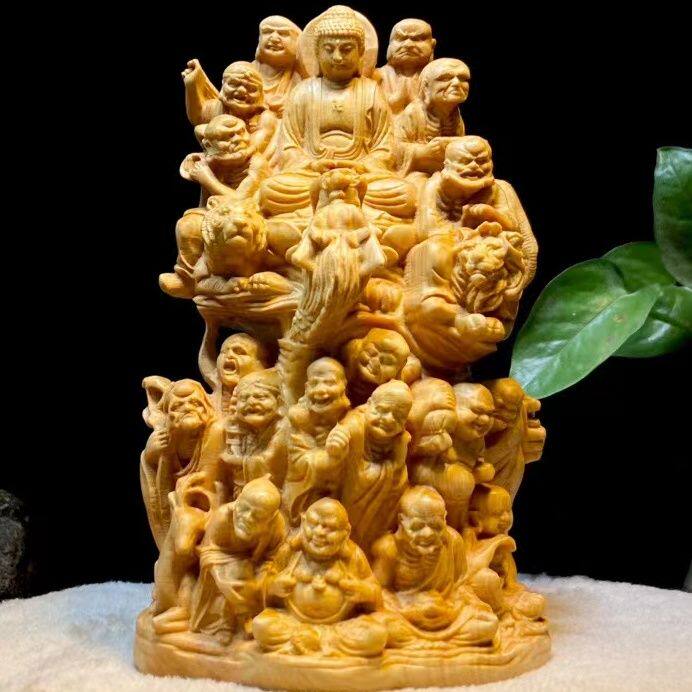 崖柏木雕刻十八罗汉佛像降龙伏虎尊者如来佛客厅人物装饰家居摆件