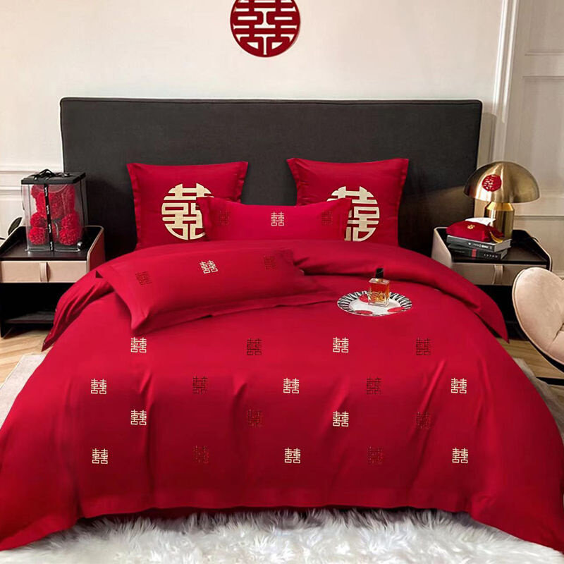 中式结婚四件套大红色刺绣被套婚床新婚陪嫁喜庆床上用品床单床笠