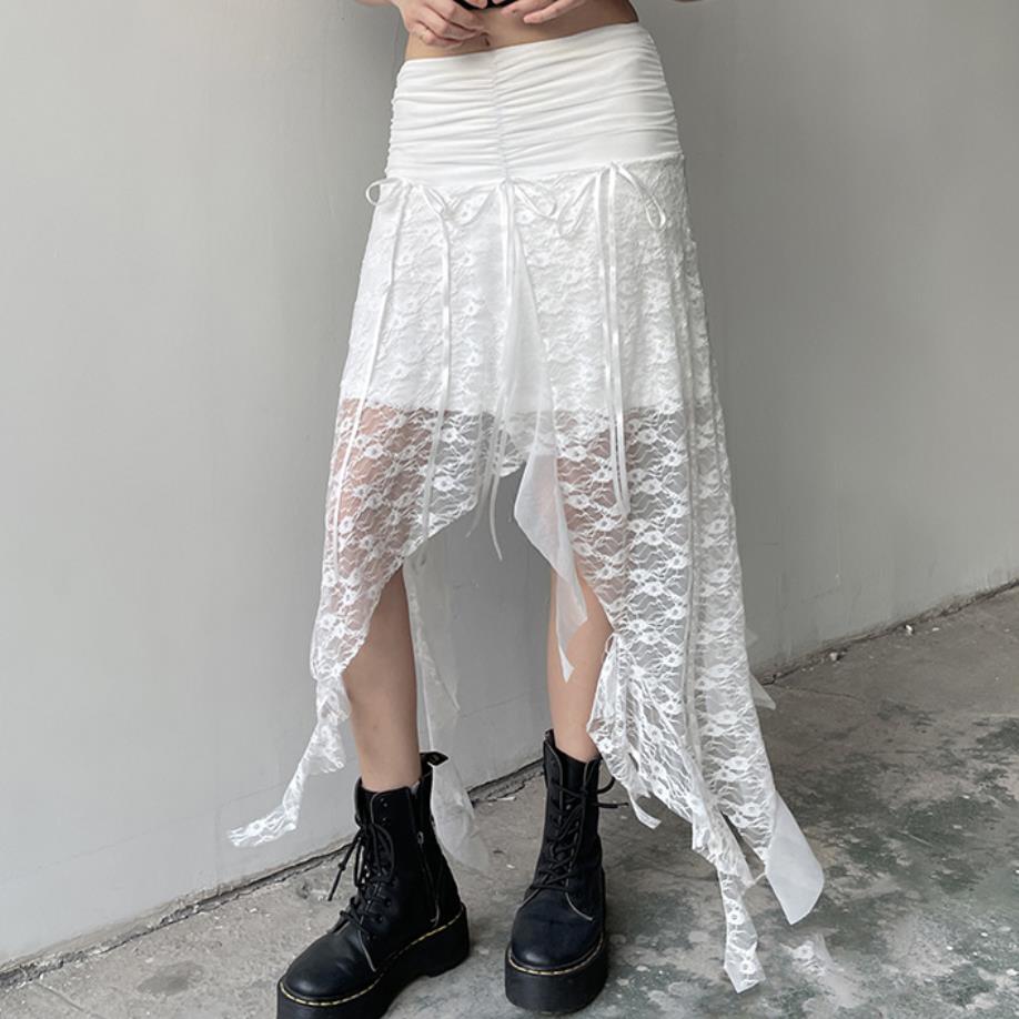 欧美蕾丝荷叶边飘带半身裙低腰不规则下摆短裙 sexy lace skirt