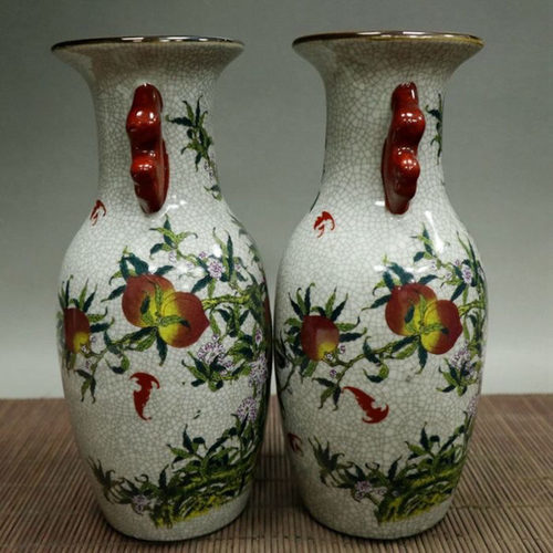 陶瓷工艺品新中式摆件仿古瓷器开片粉彩福寿图纹双耳瓶一对摆件