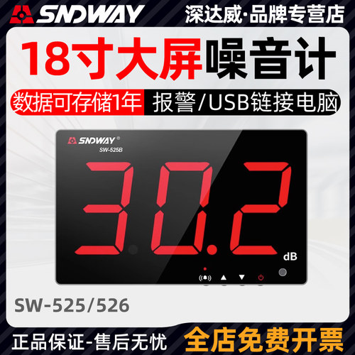 深达威SW-525B/526A壁挂式分贝仪大屏噪音计分贝检测仪噪声报警器
