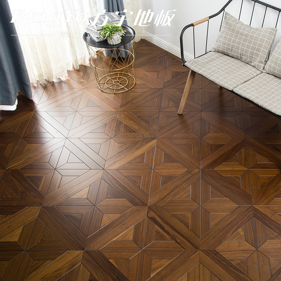 方宇黑胡桃艺术拼花实木多层橡木地板中古风木地板榆木地暖柚木