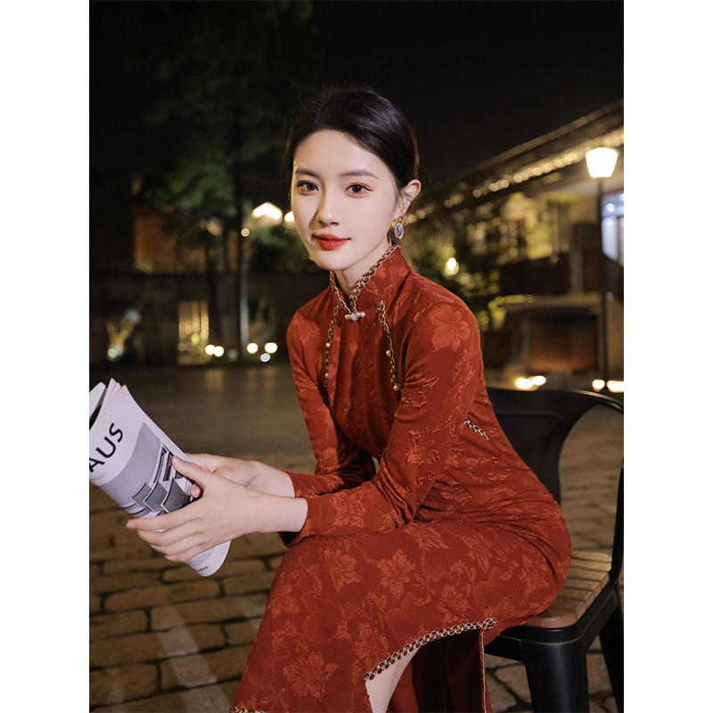 Ocnltiy新中式国风改良红色旗袍2024春秋新款新娘长袖订婚敬酒服