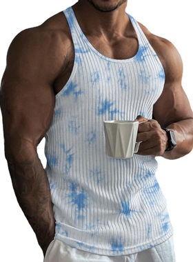 Camouflage vest for men 欧美男竖条纹健身运动修身扎染工字背心
