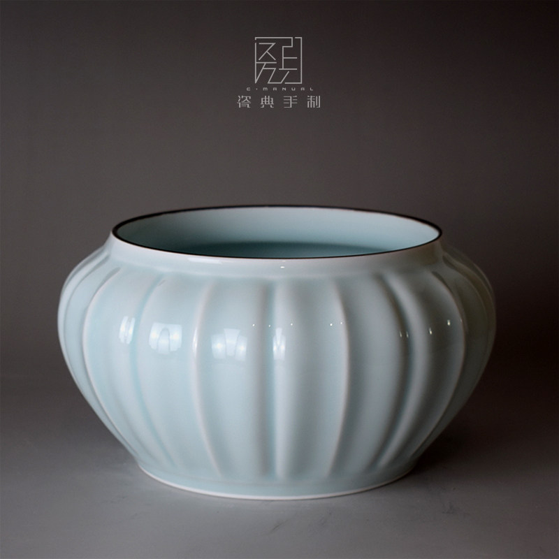 景德镇陶瓷鱼缸乌龟缸纯白色青色笔洗手工茶洗书房玄关软装摆件盆