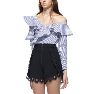 新款 shirt 条纹荷叶边斜肩长袖 女上衣women sexy 衬衫 欧美风春装