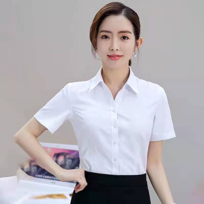V领白衬衫女短袖夏装职业