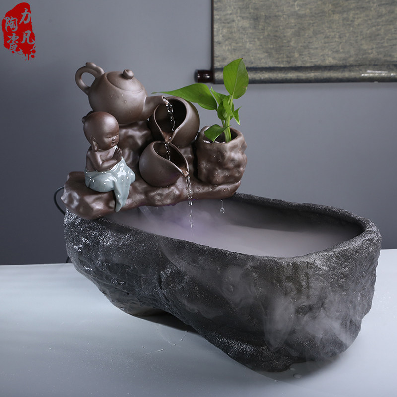 景德镇仿石槽长方形陶瓷鱼盆客厅流水喷泉风水摆件雾化盆景加湿器