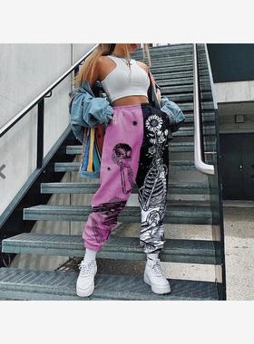 亚马逊女休闲印花束脚撞色运动裤 Ladies printed Halon trousers