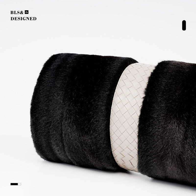 直销 编织pu皮毛拼接长条圆柱形腰枕样板间客厅沙发靠枕高级感