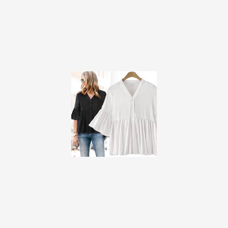 2018夏季新品欧美大码女装胖mm纯色拼接喇叭袖V领衬衫shirt women