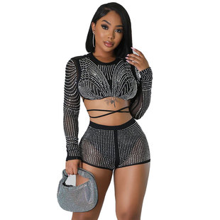 Sleeve Party short suits sets Top Long Mesh Women Sexy