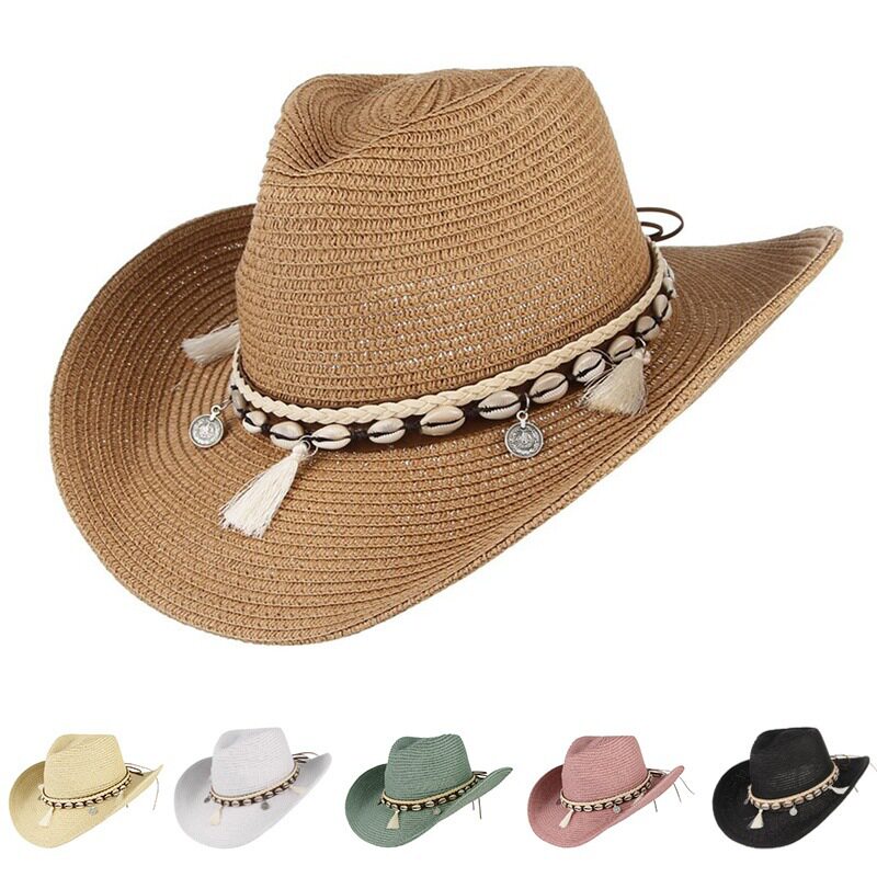 西部牛仔帽子男女夏季旅行海边遮阳草帽卷边爵士礼帽 Straw Hats