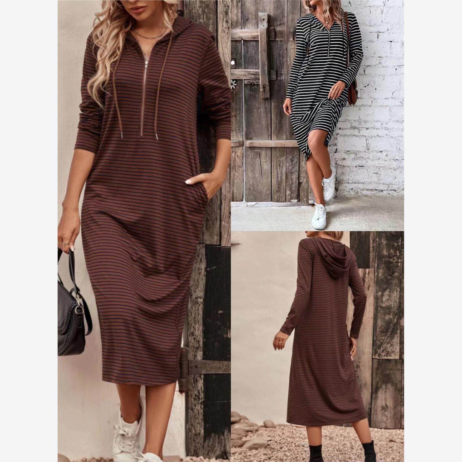 Stripe printed half zipper draw string hooded dress 连帽裙