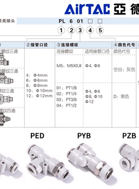 亚德客气动PZB气管快插PKD螺纹接头PEB/PED/PYB4/6/8/10/12-02/03