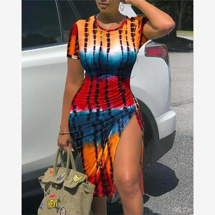 Tie Ruched Dye Drawstring Dress Print 扎染彩色印花性感紧身裙