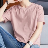 潮牌潮流半袖 ins圆领纯色粉色棉宽松韩版 t恤男2025新款 棉短袖