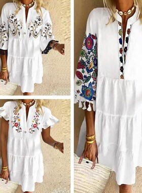 Printed V-neck Pullover Loose Swing DressV领套头宽松连衣短裙