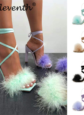 High Heels Sandals woman shoes女士毛毛交叉绑带露趾细高跟凉鞋