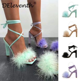 High Heels Sandals woman shoes女士毛毛交叉绑带露趾细高跟凉鞋