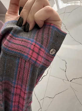 复古格纹撞色衬衫长袖女外套Plaid Shirt Loose Fit Blouse Woman