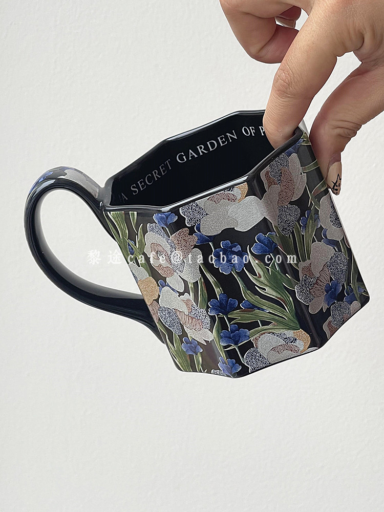 复古风水彩画鸢尾花八角杯中古设计款陶瓷马克杯下午茶拿铁咖啡杯,ZIPPO/瑞士军刀/眼镜,酒具,淘宝优惠券,粉丝福利购,淘宝优惠卷