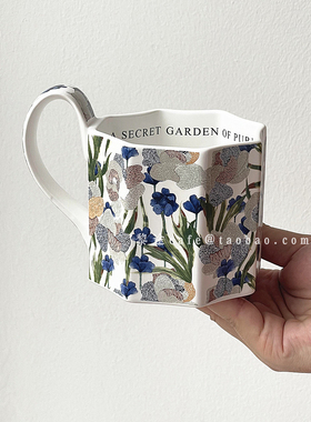 小众复古风水彩画马克杯精致高档蝴蝶白色鸢尾花八角咖啡杯陶瓷杯