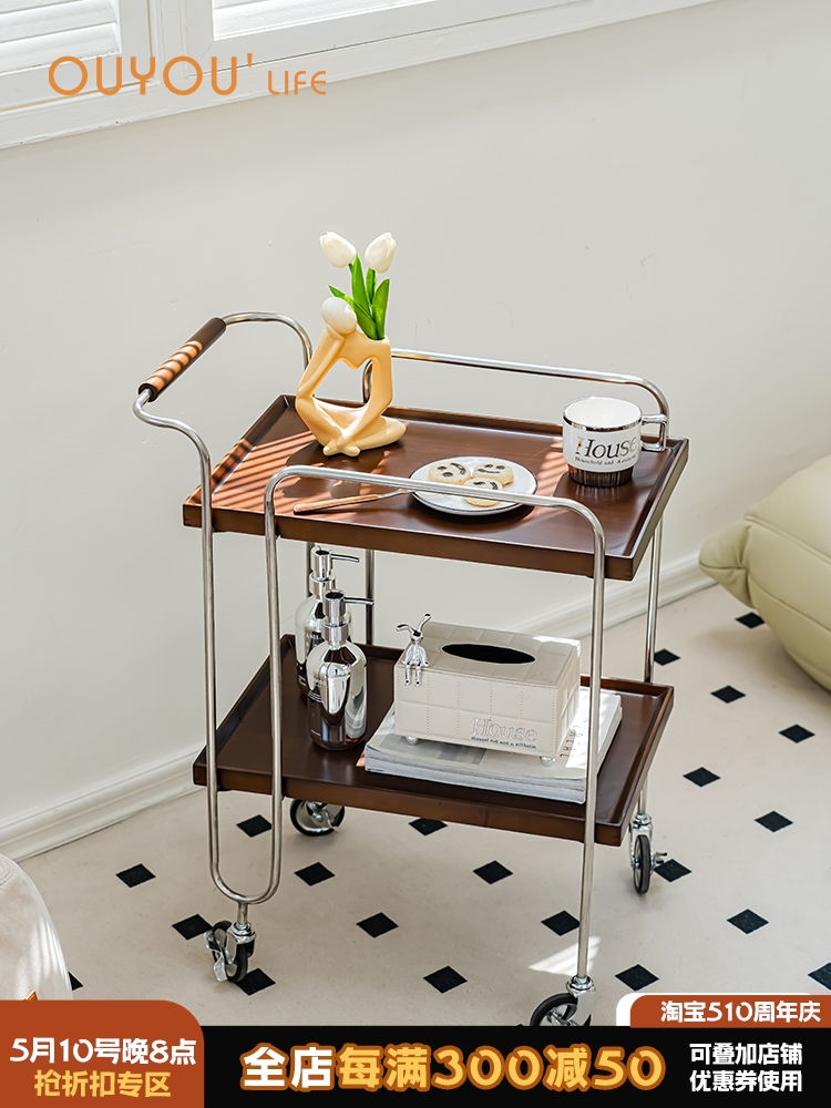 欧又日式复古实木小推车客厅不锈钢轻奢餐车家用置物架可移动边几