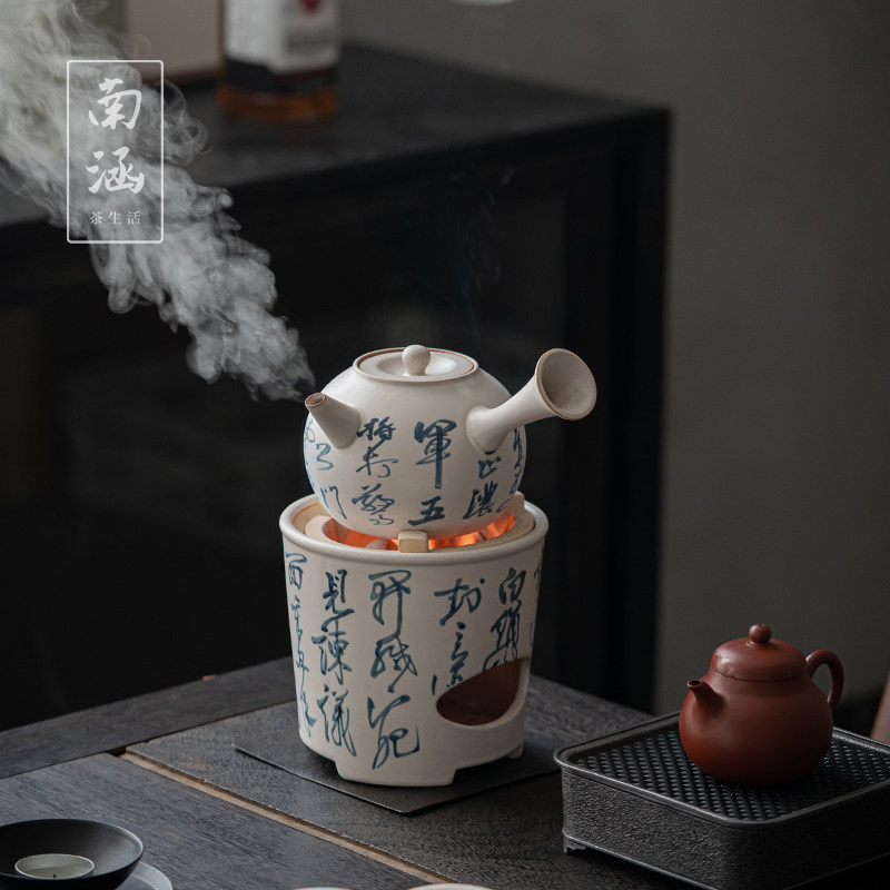 南涵纯手工禅意煮茶器日式手绘诗文烧碳炉老岩泥复古烧水茶炉套装