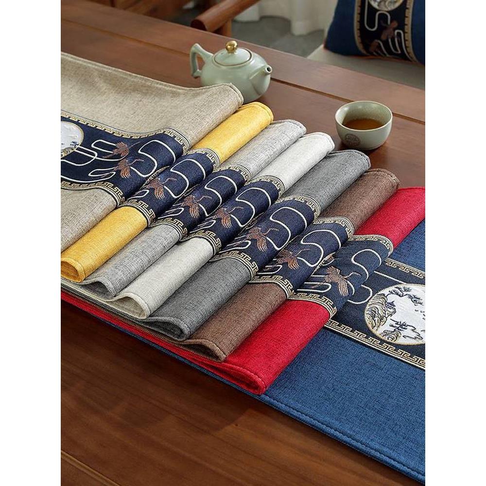 新中式桌旗禅意松山云鹤茶几茶桌垫布茶台布艺长茶席桌布防水加厚