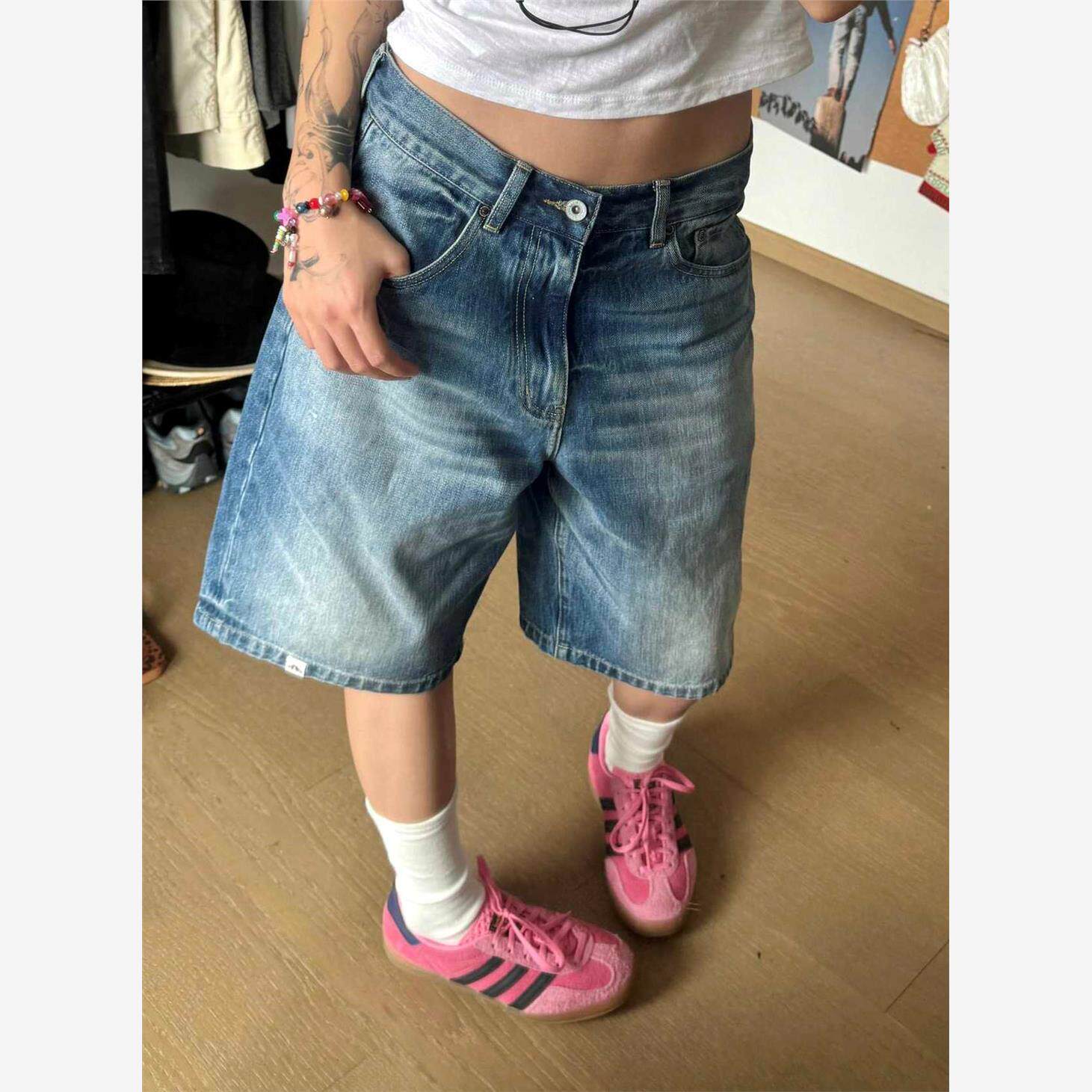 美式复古低腰牛仔短裤女夏季辣妹炸街中裤休闲百搭浅色直筒五分裤