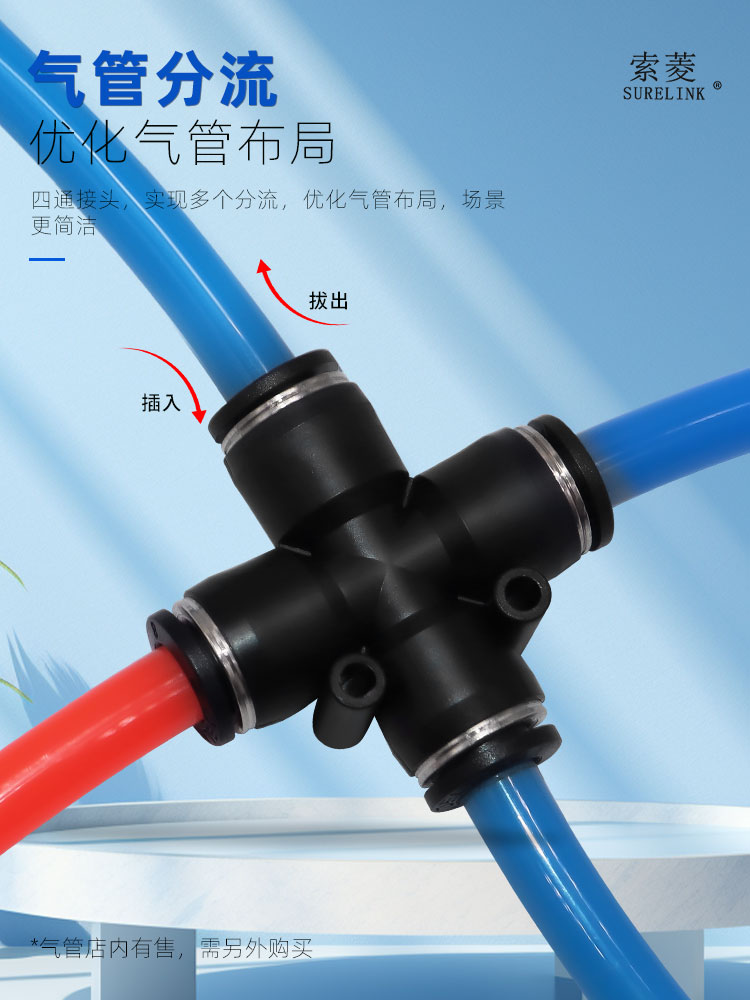 索菱气动气缸气管四通十字快速快插软管塑料接头PZ-4/6/8/10/12mm
