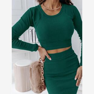 欧美风春秋女装螺纹修身长袖T恤+包臀中长款高腰半身裙两件套套装