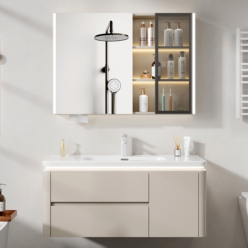 奶油风浴室柜陶瓷一体盆