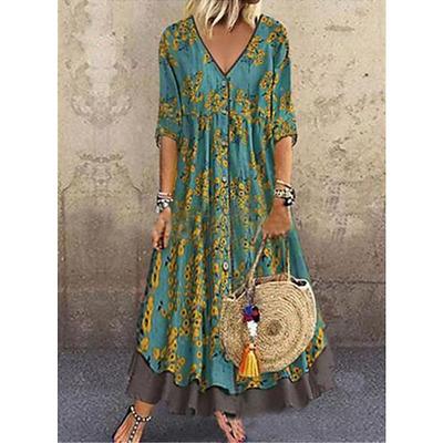 2021 summer v-neck three-quarter sleeve printed dress women
