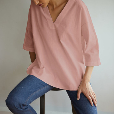 2021 top new V-neck three-quarter sleeve pullover shirt