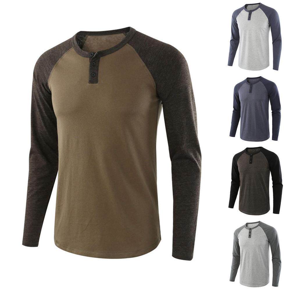 Neck Long Raglan Sleeve Color Block T-shirt Buttons Pullover