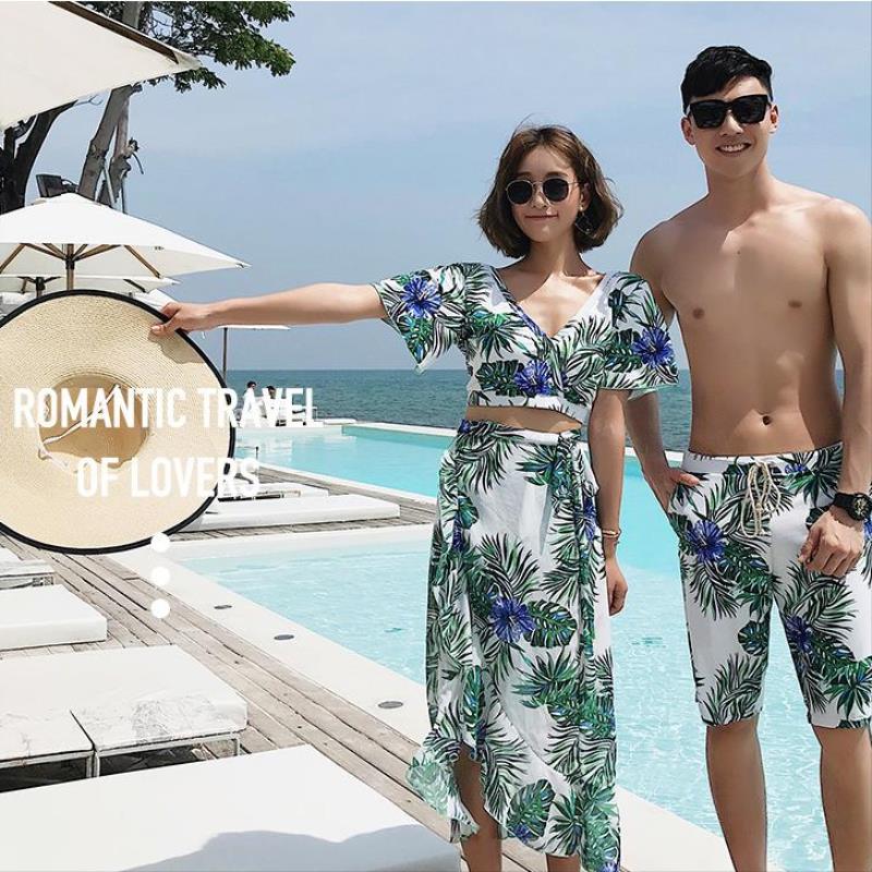 泳衣海边度假三件套情侣时尚套装女性感分体平角裤男五分裤三亚
