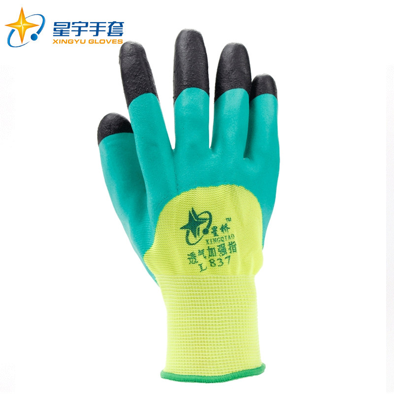 星宇星桥加强指L837发泡半胶手套绿色劳保尼龙乳胶耐磨防滑舒适