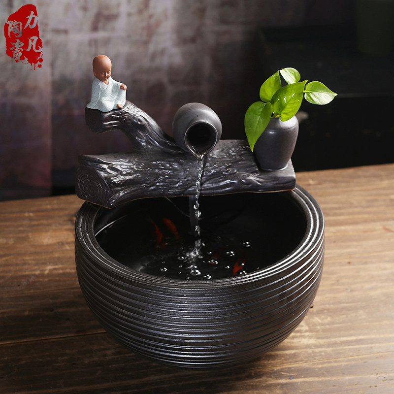 中式客厅家居用陶瓷流水喷泉鱼缸电视柜小和尚禅意招财风水轮摆件