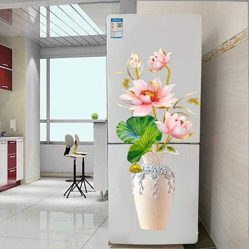3d立体浮雕墙贴画中式花瓶双开门冰箱贴纸防水电视背景墙贴纸自粘