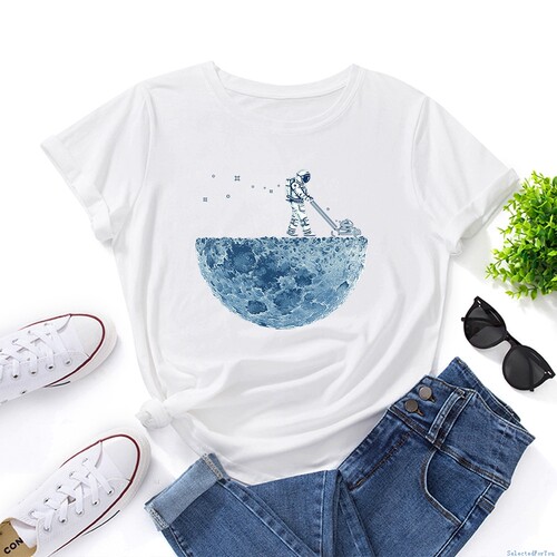Women Cotton Tshirt T-shirt 纯棉宽松圆领短袖t恤月球宇航员