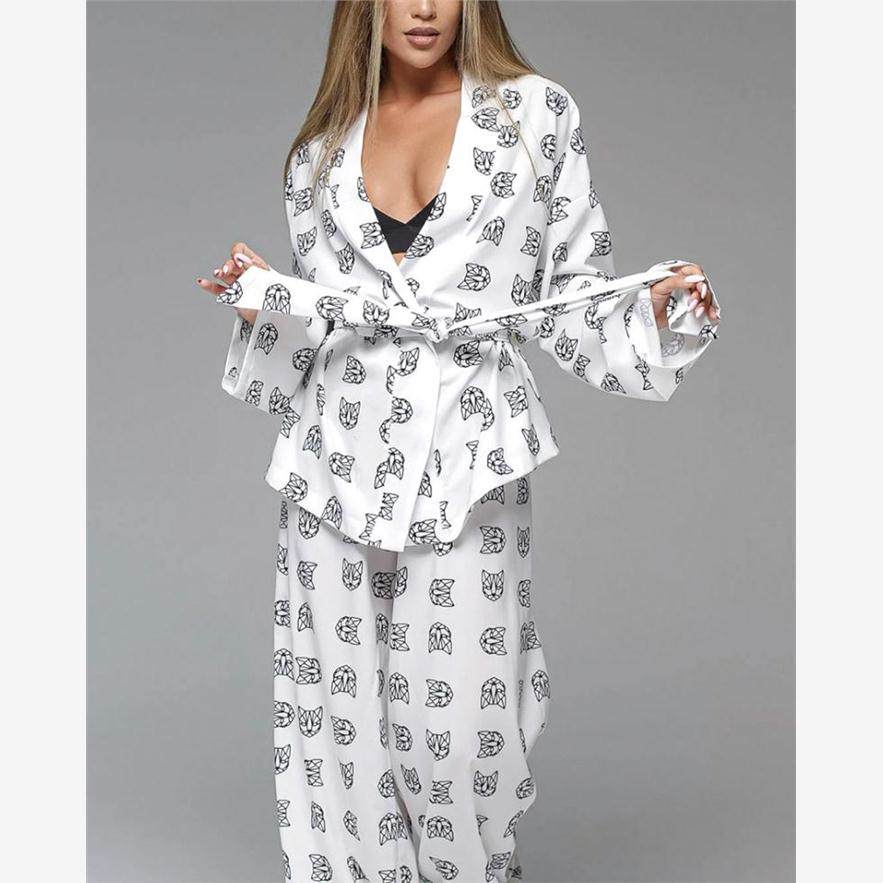 Printed shirt pants set 欧美性感仿真丝开衫睡袍长裤印花套装女,女士内衣/男士内衣/家居服,睡衣/家居服套装,淘宝优惠券,粉丝福利购,淘宝优惠卷