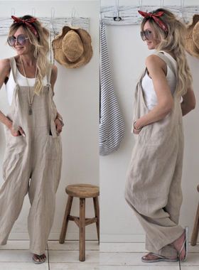 Solid Pockets Jumpsuit Overalls Wide Leg Cropped Pants